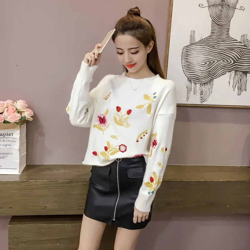 Женский вязаный свитер Shein модный милый пуловер с круглым вырезом и вышивкой в