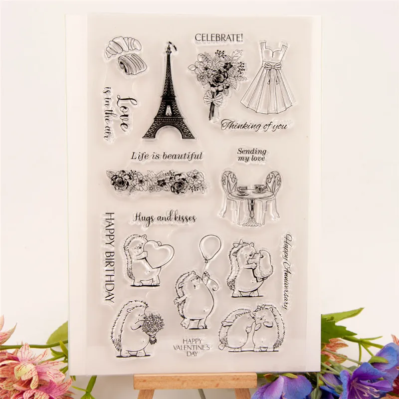 

Cutting Dies With Clear Stamp Of Iron tower Hedgehog Date Handbooking Set dIY Scrapbooking Paper Embossing Stencil Painting Seal