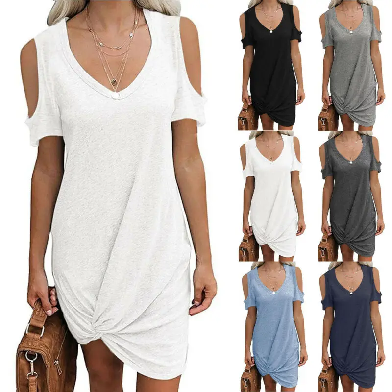 

Однотонное платье-футболка, женское модное летнее повседневное свободное платье с открытыми плечами, свободная женская одежда