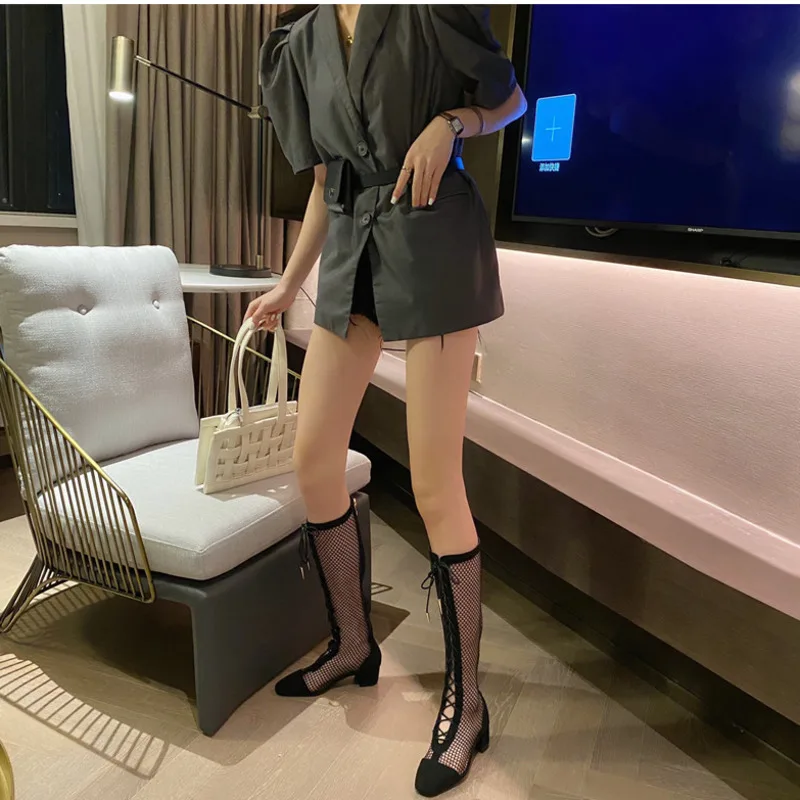 

Summer Knee-high Boots Women Sexy Hollow Breathable Mesh Long Boots Ladies Pointed Toe Thick Heel Boots 2021 New Fashion Shoes