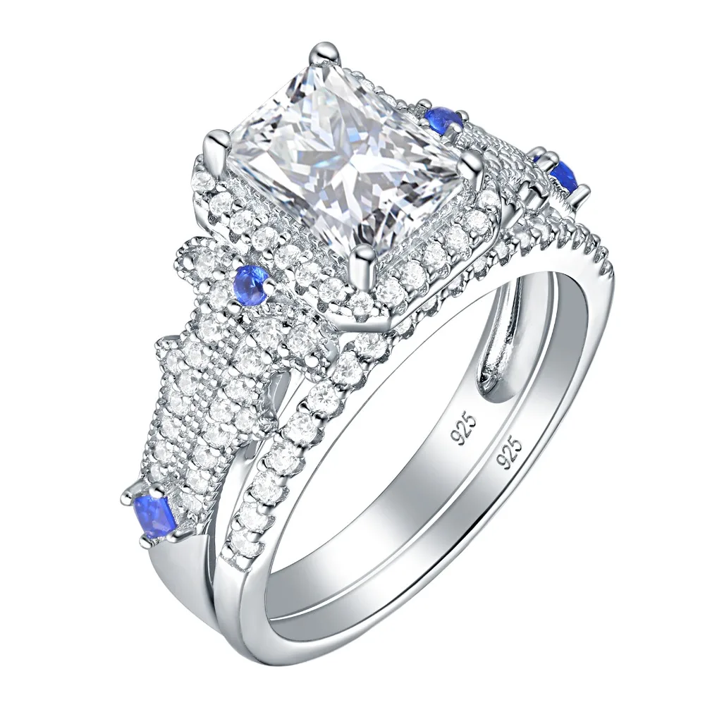 Newshe Classic Bridal Set Wedding Engagement Rings For Women 925 Sterling silver Princess Cut White Blue AAA Cubic Zirconia