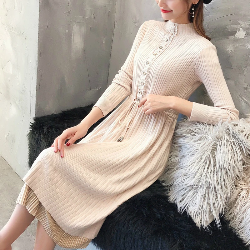 Женское трикотажное платье свитер средней длины на пуговицах|Женские платья| |