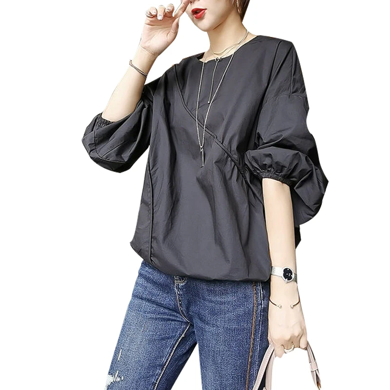 

Женская хлопковая блузка в стиле пэчворк, однотонная Свободная рубашка в Корейском стиле с длинным рукавом и круглым вырезом, весна-осень, ...