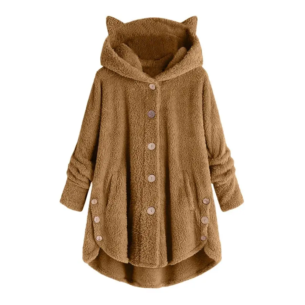 Khaki Пушистые толстовки, Женская толстовка, кошачья шапка с капюшоном, Осень-зима, толстое меховое пальто на пуговицах, Свободный пуловер, женская верхняя одежда размера плюс 5XL - Цвет: Khaki