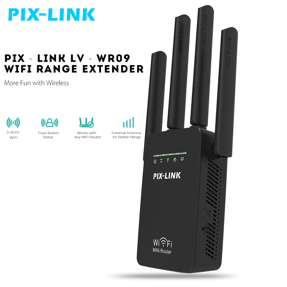 

PIXLINK Mini WiFi Repeater / Router / Access Point Wi-Fi Range Extender with 4 External Antennas WPS Protection EU/US/UK/AU Plug