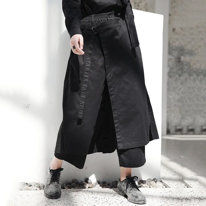 [EAM] 2021 New Spring High Elastic Waist Black Loose Vent Loose Long Wide Leg Pants Trousers Women Fashion Tide JI084