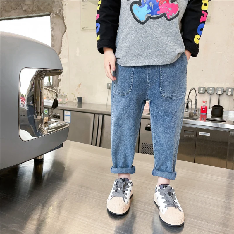 

Джинсы с карманами для мальчиков, длинные брюки из денима в ковбойском стиле, спортивные Капри для подростков, одежда для детей, весна-осень