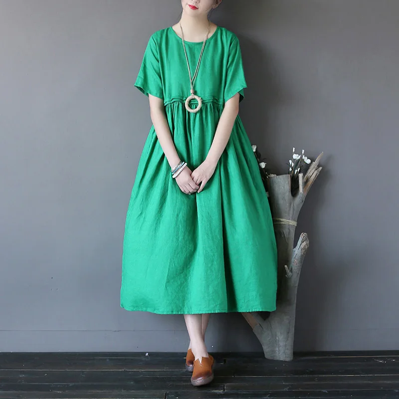 

High-end pure flax dress, literary, round collar, short sleeve, loose size, high waist, large pendulum, long skirt, summe