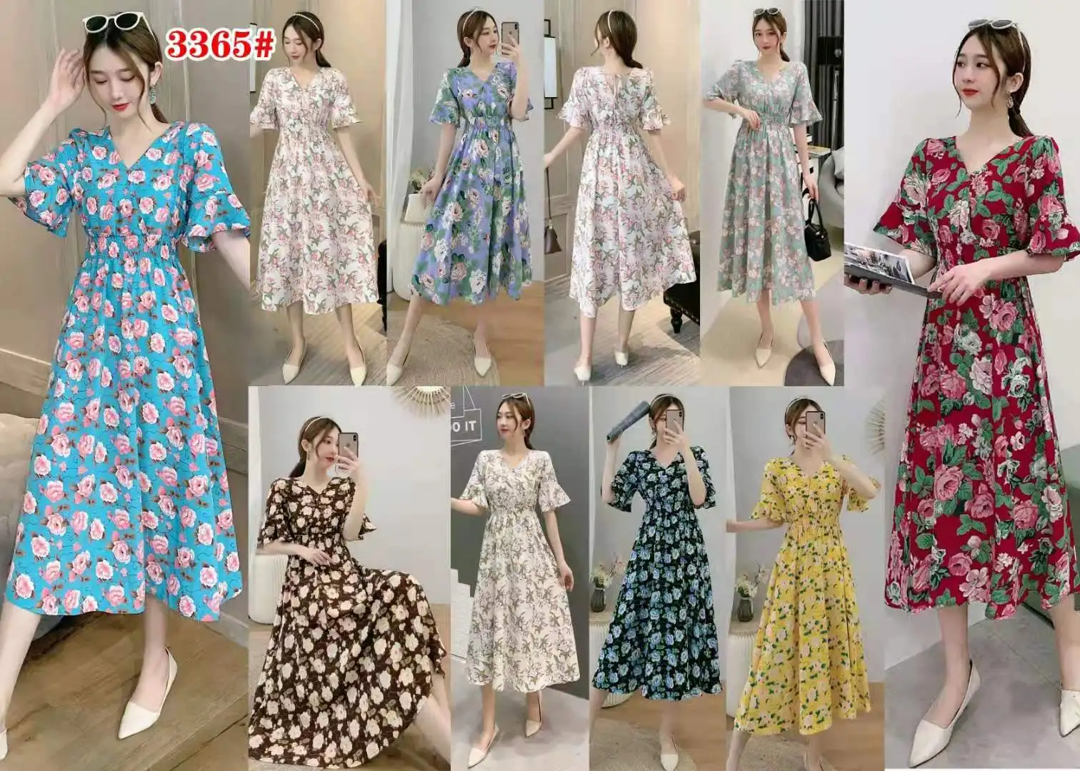 

Sexy V Neck Flower Dress Boho Women Holiday Beach Mid-calf Dress Vintage Print Slim A Line Chiffon Dresses Blue Red Vestidos