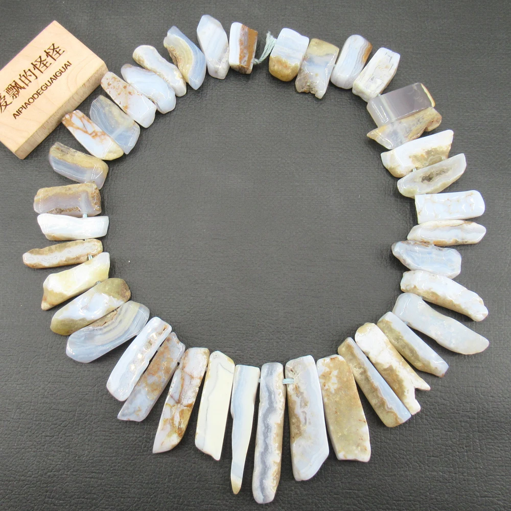 

APDGG Natural Top Drilled Blue Chalcedony Agate Slice Raw Rough Drilled Side Gemstone Jewerly Making 15.5" Jewelry Making DIY