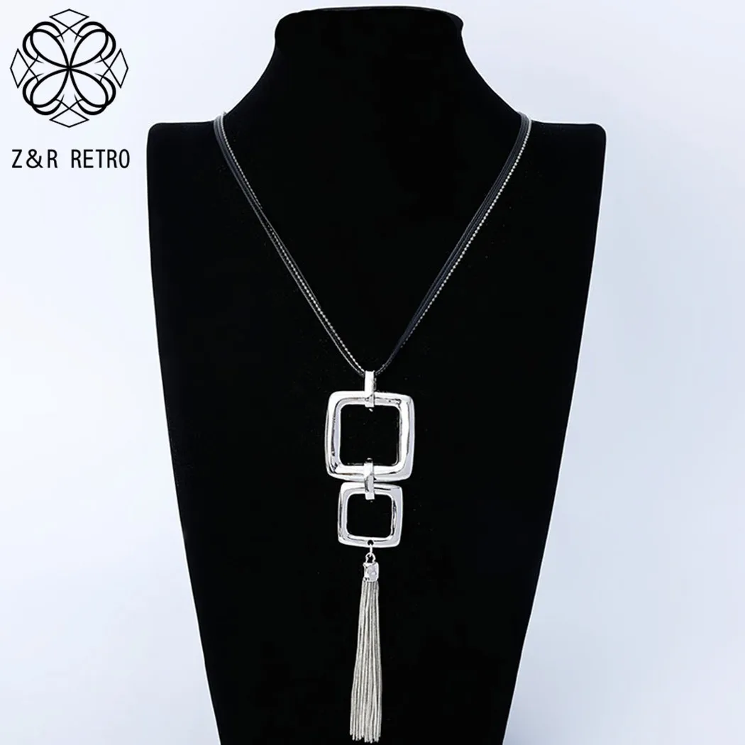 

Длинное ожерелье серебряного цвета, яркая квадратная подвеска, необычные аксессуары на шею для вечеринки в честь Дня Рождения