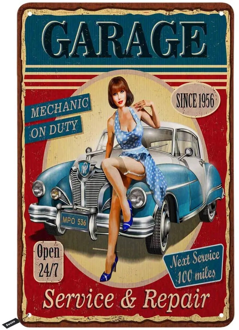 

Swono жестяные вывески «Garage», девушка-девушка, сидя на автомобиле механика на рабочем состоянии и ремонт, винтажный металлический жестяной зн...