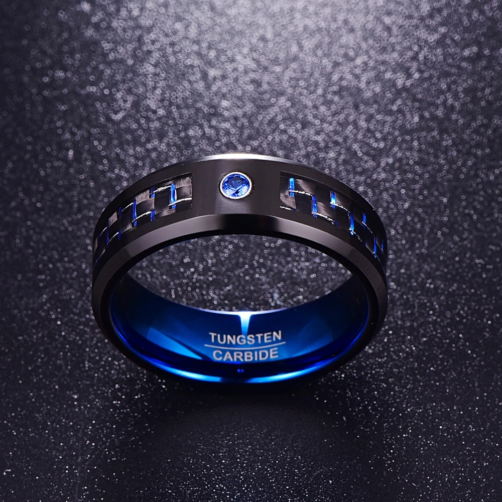 Мужское кольцо из карбида вольфрама 8 мм NUNCAD синее полированного углеродного