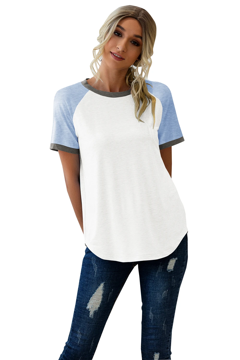 

Женская футболка с коротким рукавом, Повседневная трехцветная Футболка из чистого хлопка с круглым вырезом и прострочкой, Новое поступлени...