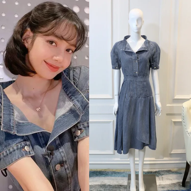 

Kpop Korean Summer New Sexy High Waist Denim Dress Vintage Women Party Temperament Button Long Loose Puff Sleeves Mini Dresses
