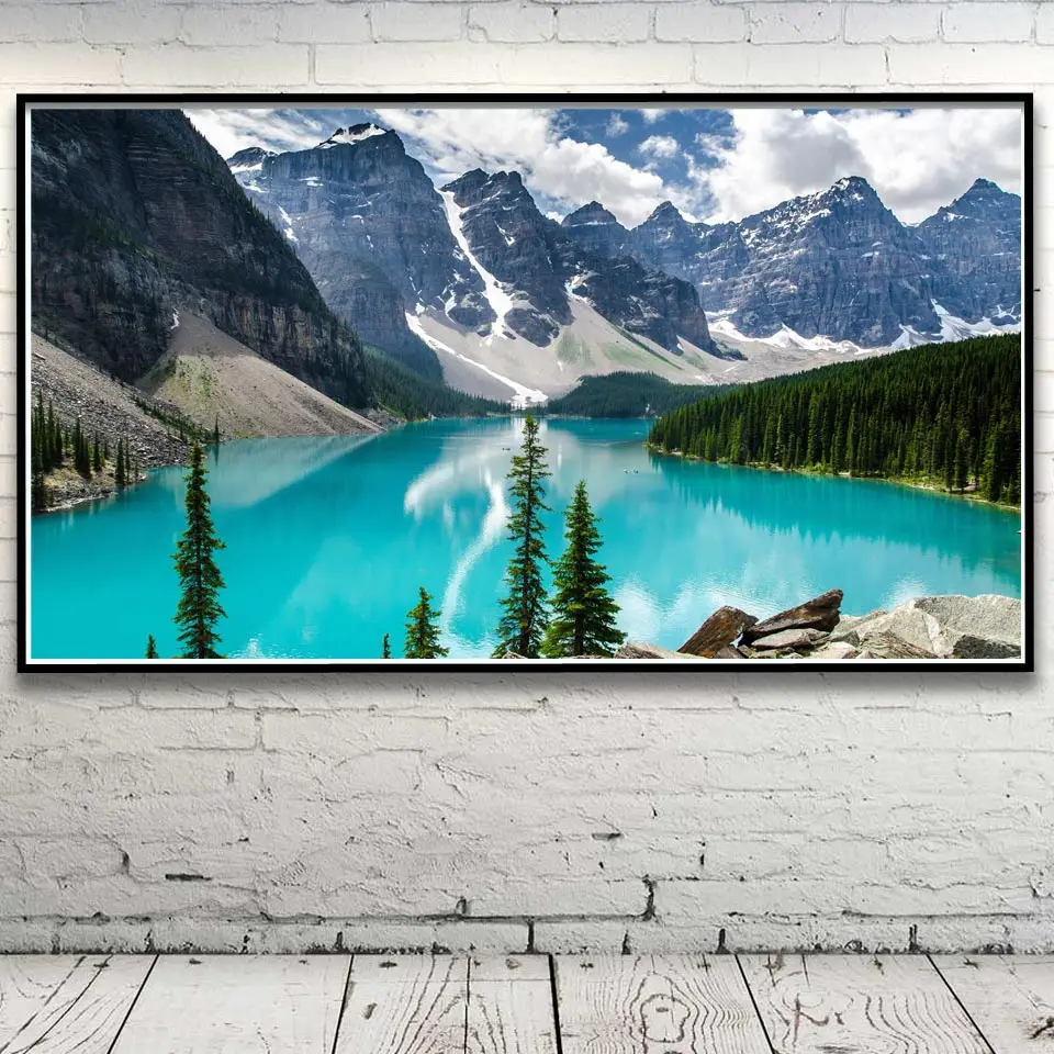 Река горы деревья облака пейзаж холст картина природные пейзажи художественные