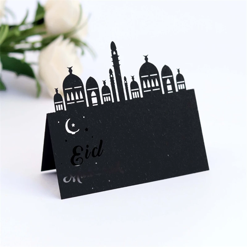 

10pcs Eid Mubarak Seat Card Laser Hollow Ramadan Mini Card Gold Palace Table Card Party Decoration Muslim Islamic Party Supplies