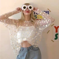 2021 sweet girl mesh t shirts see through perspective tshirt flowers printed o neck transparent long sleeve t shirt tops women