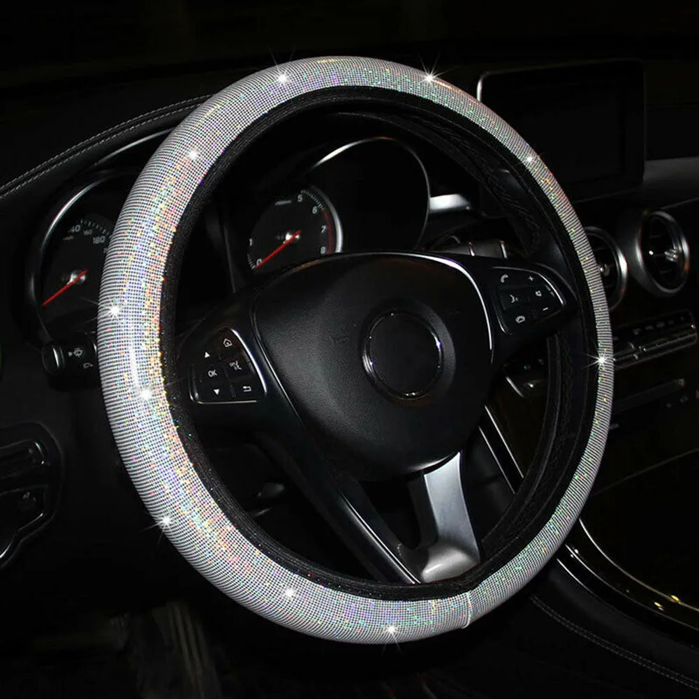 

1PC Car Auto Steering Wheel Cover Luxury Leather Glitter Bling Breathable Anti-slip Protector White Universal 37-38cm