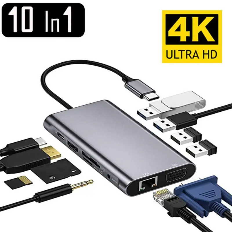 

USB C Hub Type-C 3.1 To 4K HDMI-Compatible RJ45 USB SD/TF Card Reader PD Fast Charge 10-in-1 USB Dock For MacBook Air Pro HUB