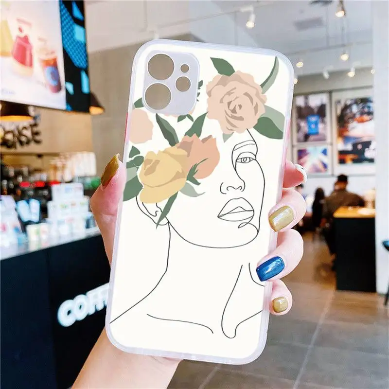 

Minimalist Abstract Single Line Girl Face Artwork Phone Case White Transparent Matte For IPhone 8 11 12 S Pro X XS XR Plus Cover