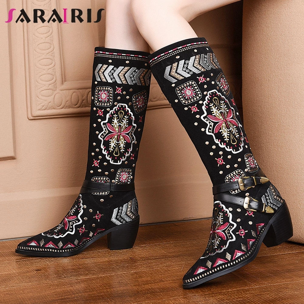 

SARAIRIS Large Size 34-46 Female Rivet Boots Embroider Boots Women Cow Suede Pointed Toe Thick High Heels Buckle Shoes Woman