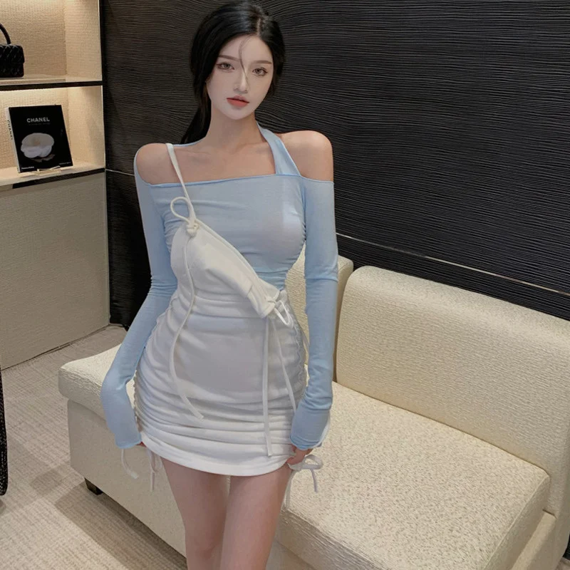 

TVVOVVIN осенний костюм с футболкой с длинным рукавом, дизайнерские футболки с вырезом лодочкой + мини-платье на бретельках с юбкой, костюм из дв...