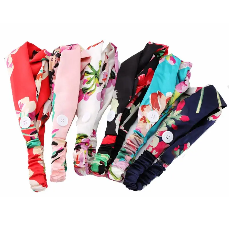 

2020 Boho Women Button Headband Face Mask Holder Tropical Floral Twist Knot Headwrap