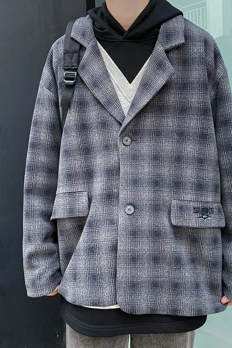 

2020 Spring And Autumn New Youth Popular Men's Loose Plaid Single-breasted Suit Fashion Casual All-match Woolen Top M-2XL