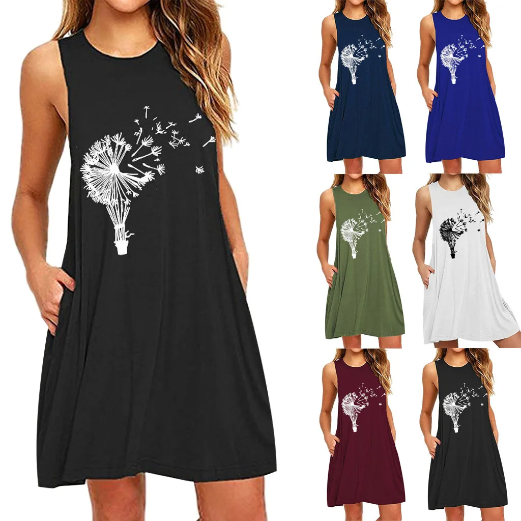 

Summer Midi Dress Women's Casual Pocket Dandelions Printing Sleeveless Plus Size Dress Female Loose Beach Dress#35
