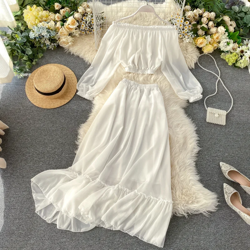 

Летние женские комплекты, однотонный шифоновый топ с длинным рукавом и коротким вырезом на талии + юбка с оборками и стрейчевой талией LL863