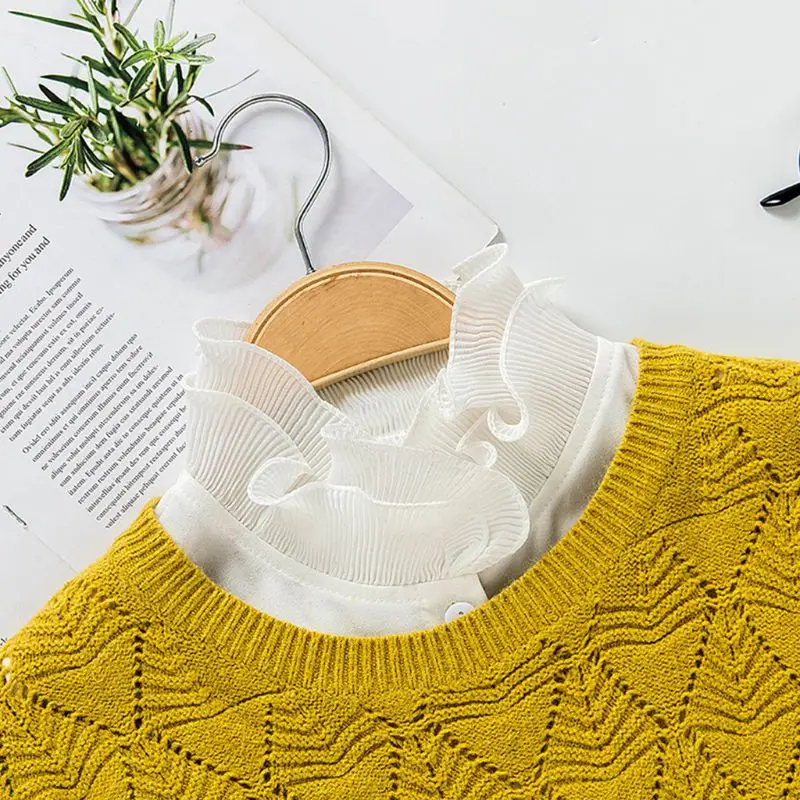 

Women Sweet Layer Agaric Ruffles Stand False Fake Collar Button Down Half-Shirt XX9D