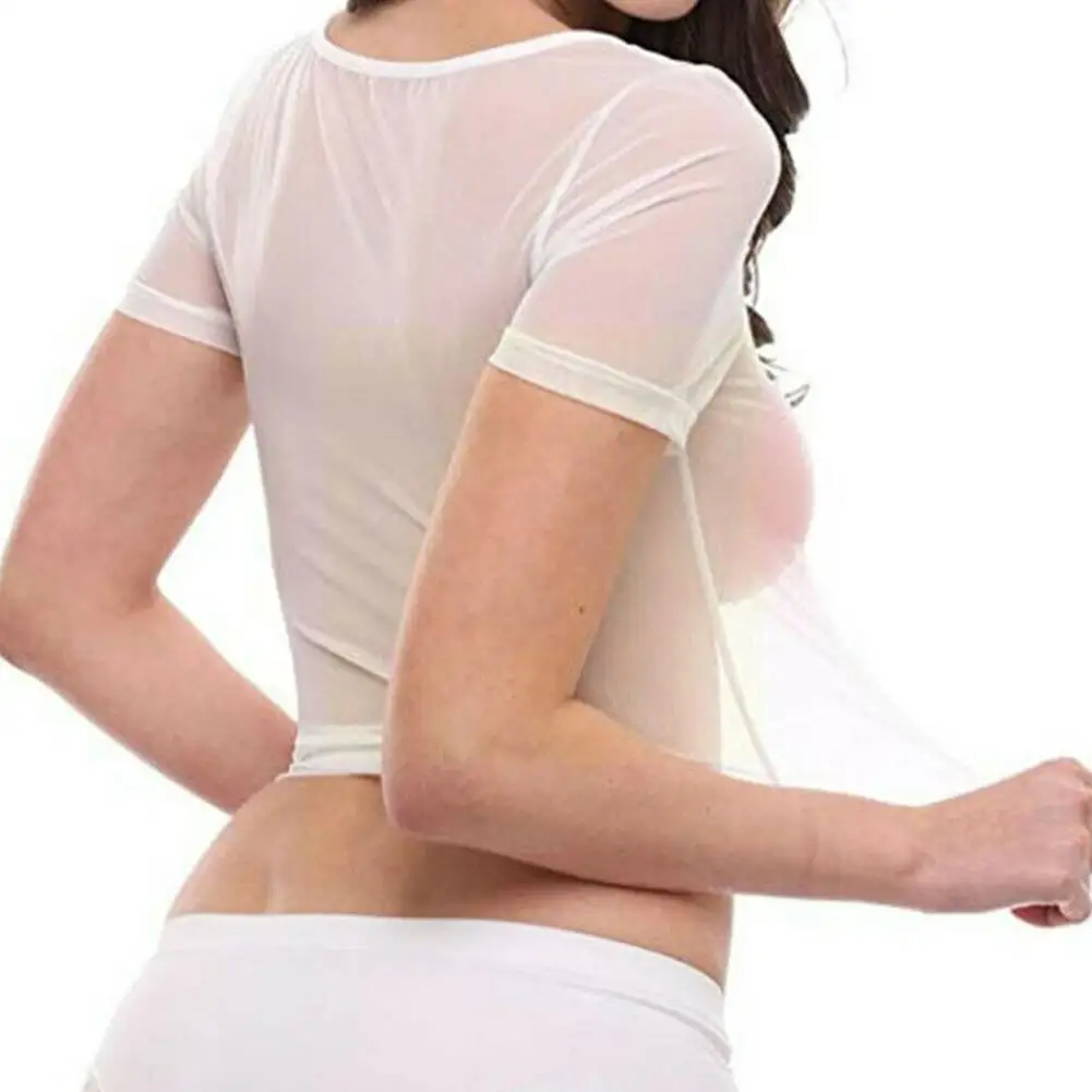 

Women Short Sleeve Sexy Sheer Mesh See Through Mesh Top Streetwear Slim Top Black White T Crop Underwear Shirt Transpa F2e0