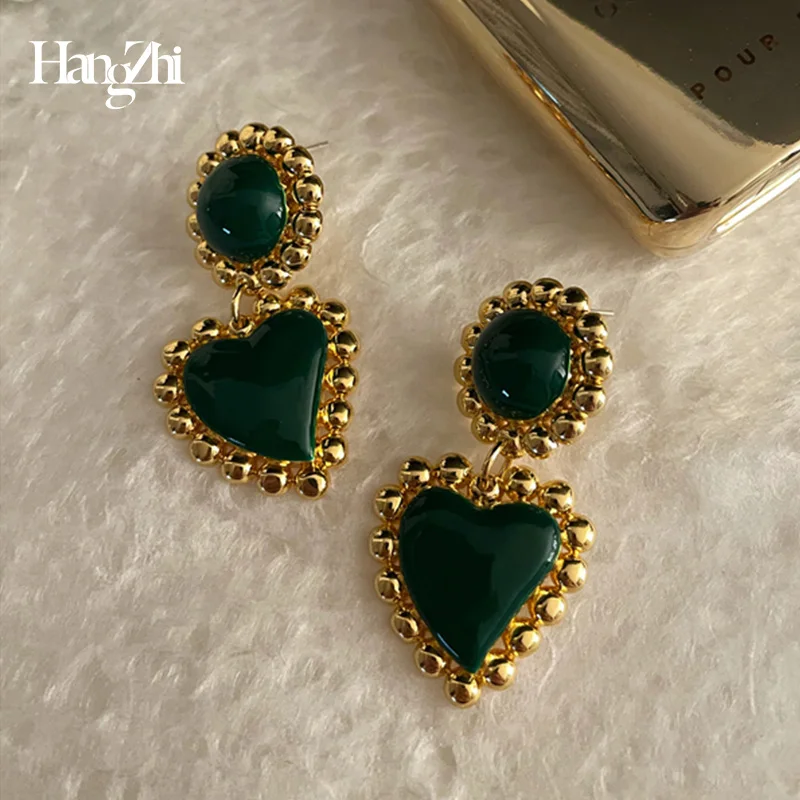 

Подвесные серьги HANGZHI с французским зеленым Цирконом в форме сердца, Винтажные серьги-гвоздики с капельной глазурью для женщин, ювелирные и...