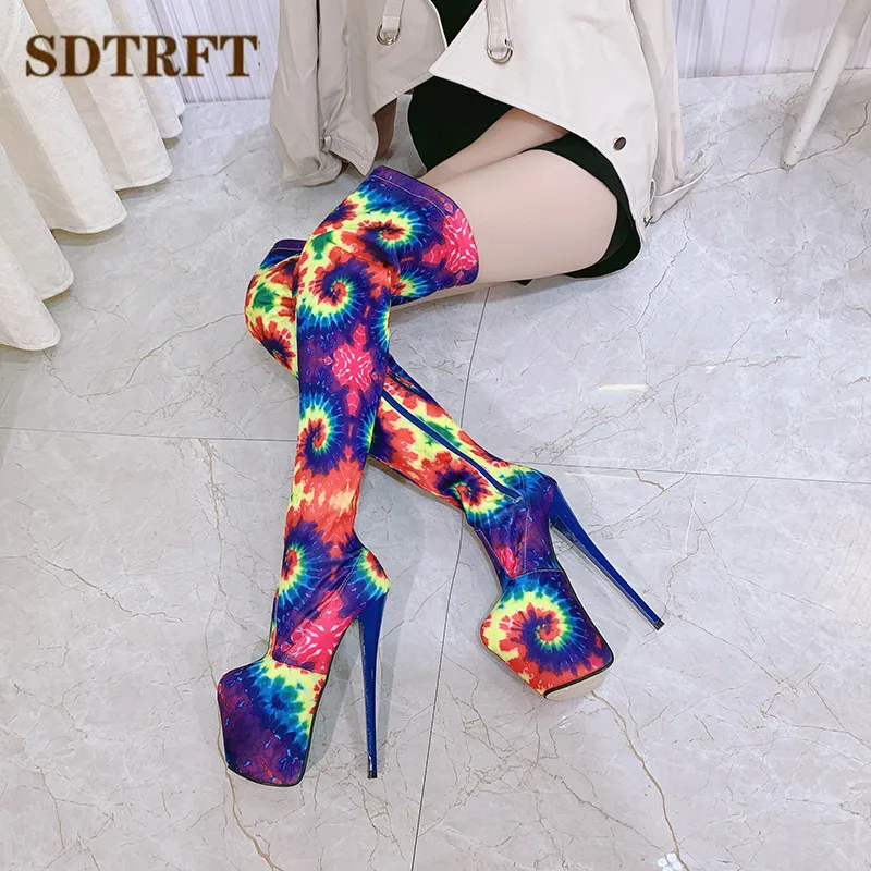 

SDTRFT pole dancing 20cm thin heels Stiletto over the knee long boots platform women pumps ladies Elastic Fabric Side Zip shoes