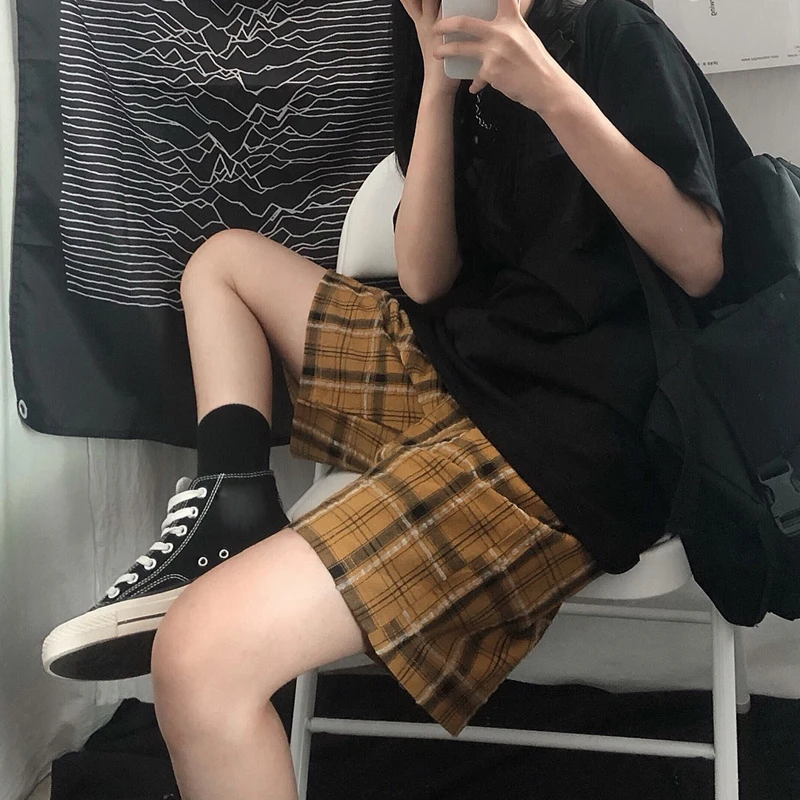 Женские клетчатые шорты до колена с высокой талией и широкими штанинами в стиле