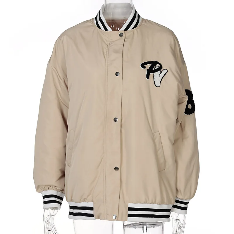 Letter Embroidery Varsity Jacket Parkas Women Autumn Winter Fashion Warm Oversized Baseball Jackets Khaki 2021 Vintage Coats