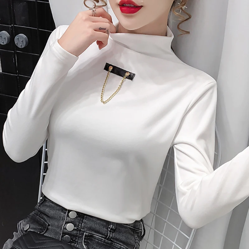 

Autumn White T Shirt Women Turtleneck 2021 Winter Tshirts Female Long Sleeve T-Shirt Thick Cotton Korean Clothes Tee Shirt Femme