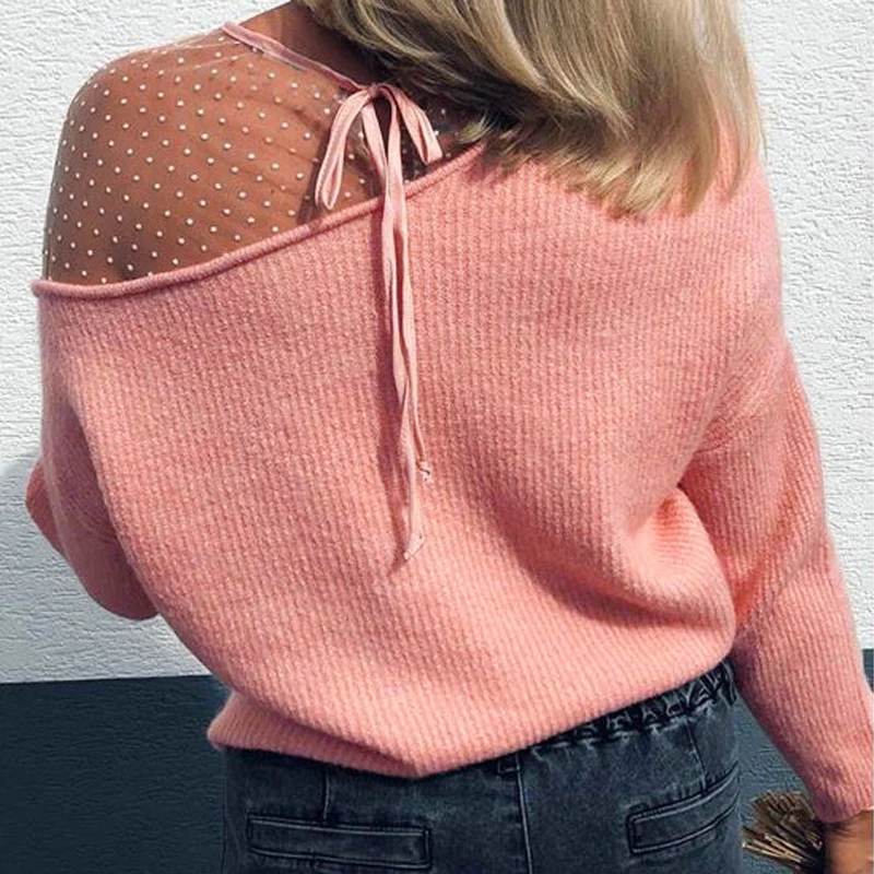 

Women Casual Lace Patchwork Tops Long Sleeve O neck Back Bansage High Street Pullover 2021 Spring New Fashion OL Women Tops