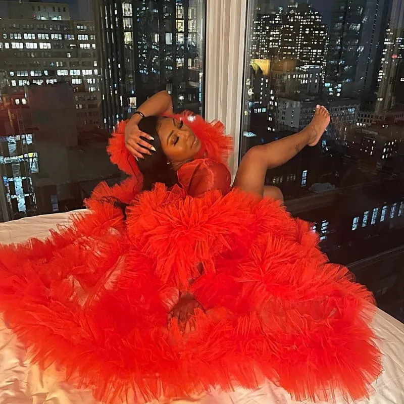 Red Ruffles Long Sleeves Maternity Photoshoot Dresses  2021 Photo Shoot Outfits For Black Women Tulle Robe Dressing Gown Custom