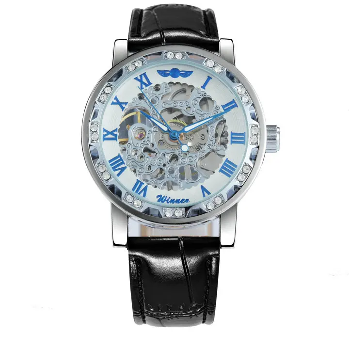 SILVER WHITE BLUE WINNER официальный бренд роскошные часы мужские Скелет механические часы Кристалл Iced Out Кожаный ремешок наручные часы подарок для влюбленных - Цвет: SILVER WHITE BLUE
