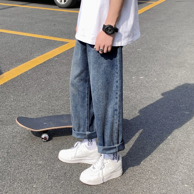 

Men's Solid Color Jeans Korean Casual Oose Harajuku Streetwear Straight Leg Pants Wide Leg Pants Men's Retro Ankle-length Pants