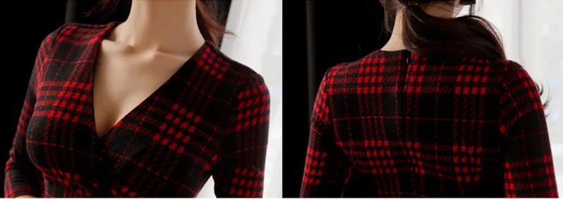 

BacklakeGirls Plaid 3/4 Sleeve Dress Sexy V Neck Patchwork Outfits Cocktail Dresses Knee Length Vestidos