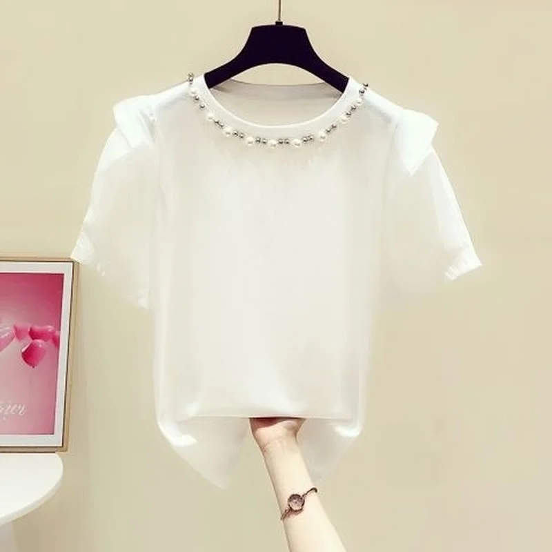 Женская футболка с буффами на рукавах однотонная элегантная офисная бусинами