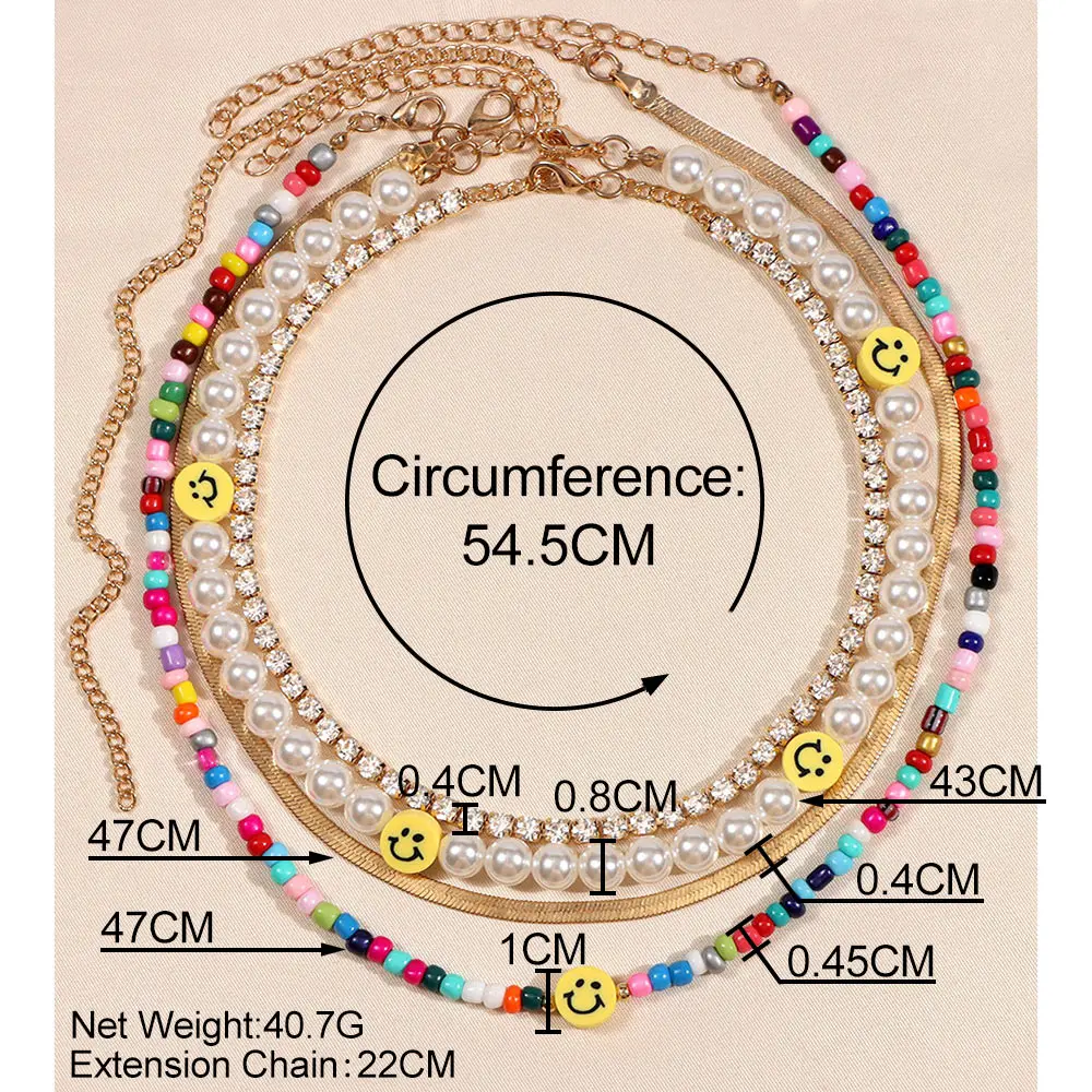Bling Crystal Tennis Chain Choker Necklace For Women Multilayer Boho Smiley Pearl Beaded Personality Handmade Jewelry | Украшения и