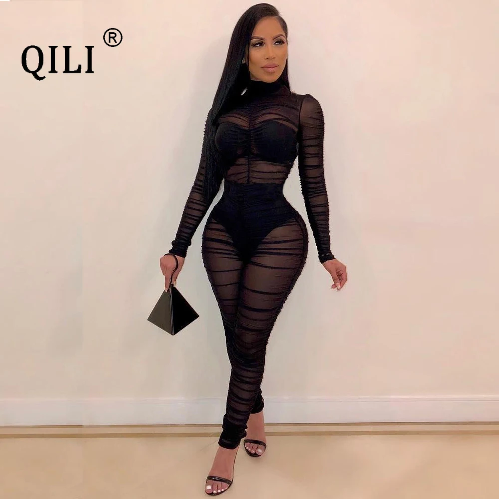 

QILI Sexy Black Mesh Sheer Bodycon Jumpsuit Women 2021 Summer Clothes Long Sleeve Rompers See Through Night Club Jumpsuits