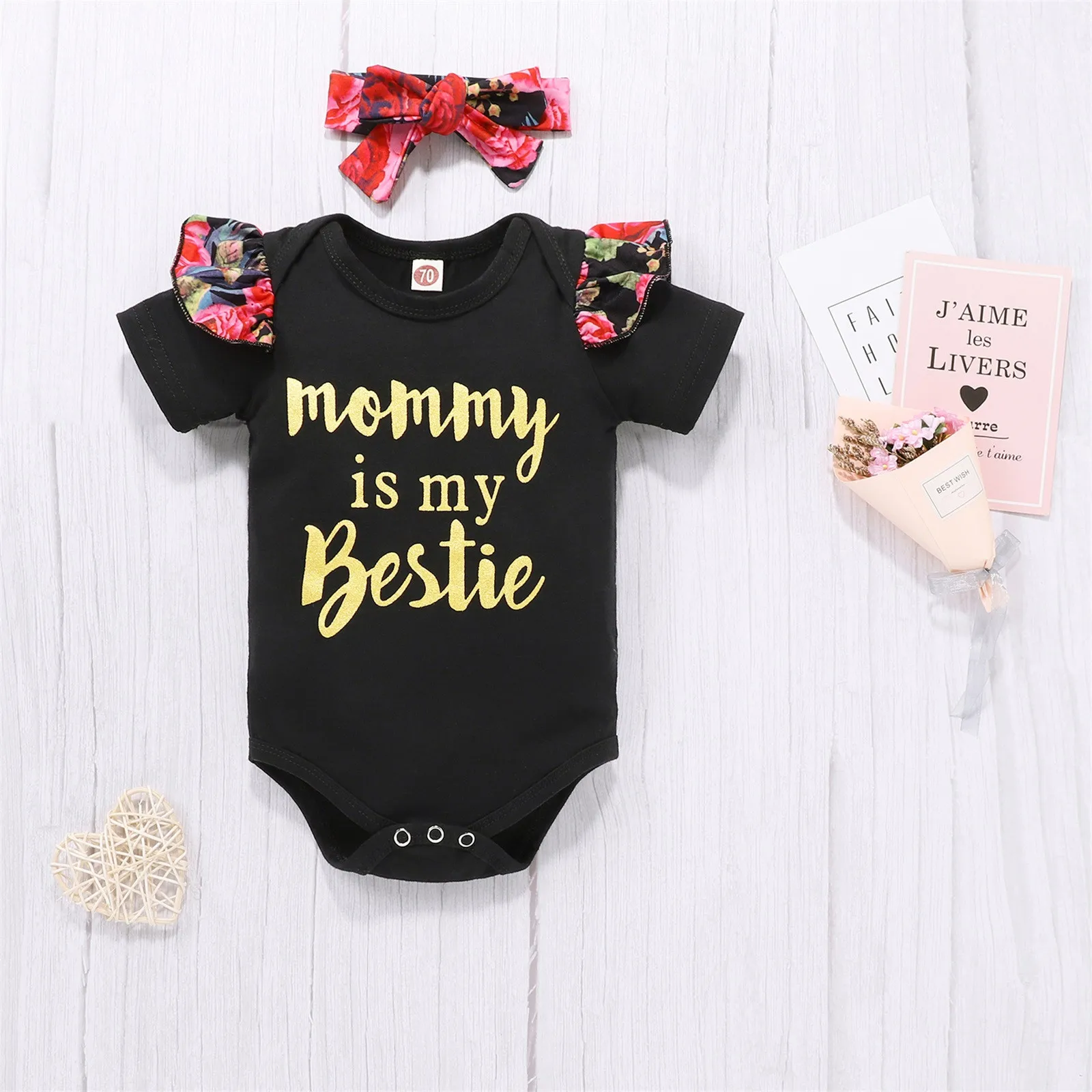 

#5 Toddler Kids Baby Girls Summer Letter Print Romper Shorts Headwear Clothes Set Rompers Tops + Flowers Print Shorts+bow Set