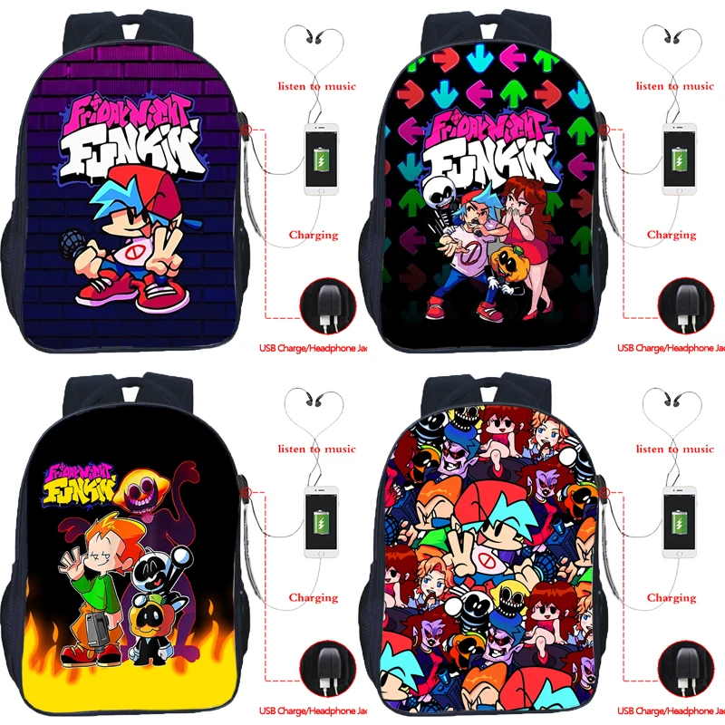 

Boys Girls Friday Night Funkin Backpack Students Cartoon School Bags Men Women Kids Anime Knapsack Unisex USB Travel Bagpacks
