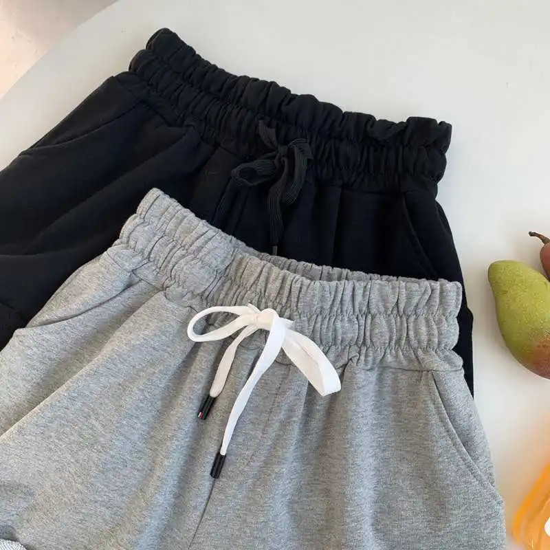 Шорты женские с завышенной талией серые Короткие штаны широкими штанинами и