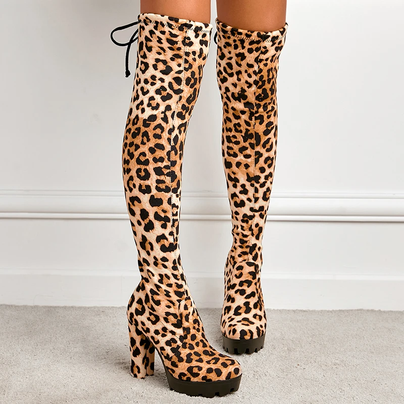 Winter Women's Boots Thick Heel Martin Boots Sexy Leopard High Heels Long Tube Women's Shoes Lace-Up Gladiator Platform Boots